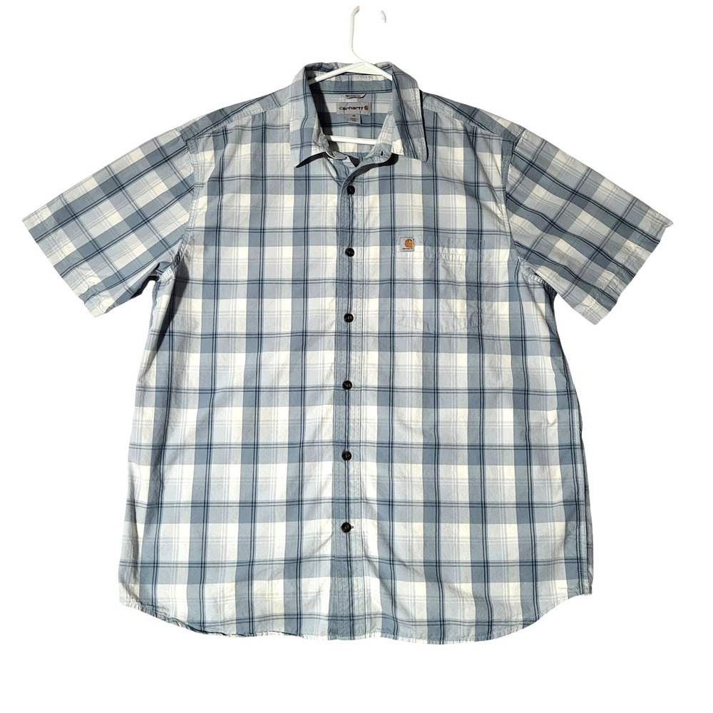 Carhartt Plaid Short Sleeve Shirt Relaxed Fit Mens XL Blue White Cotton Buttons